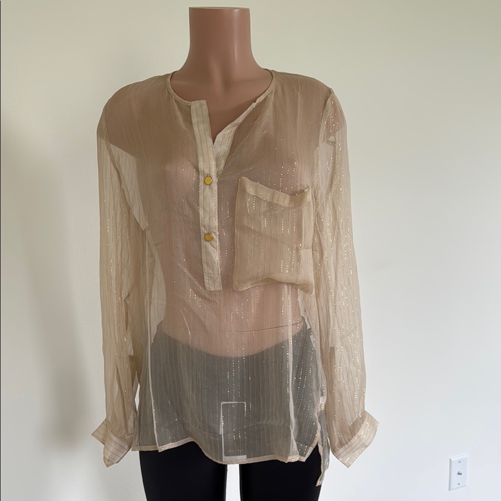 Tan Sheer Long Sleeve Blouse with Mandarin Collar